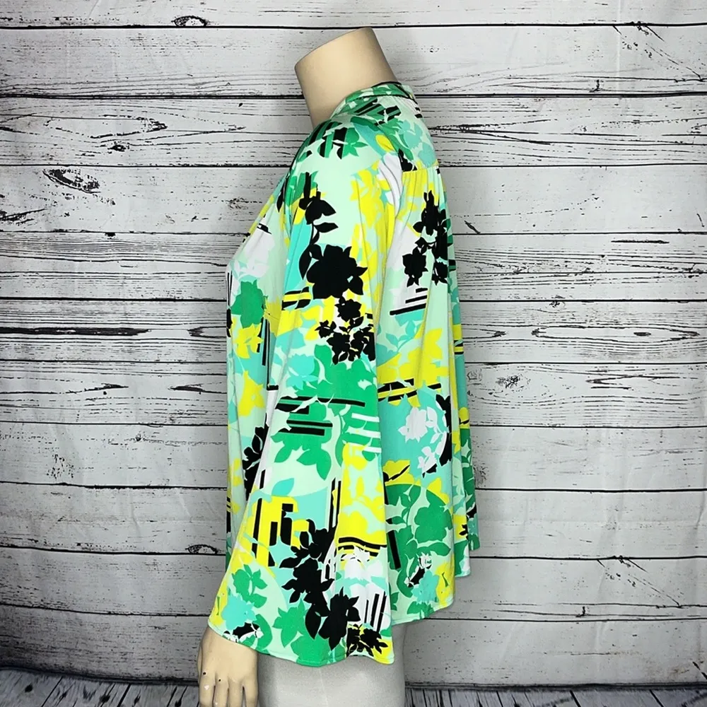 Kaari Blue Curvy 1X Green & Yellow Floral Print - Black Eyelet Trim Blouse Top - Image 3