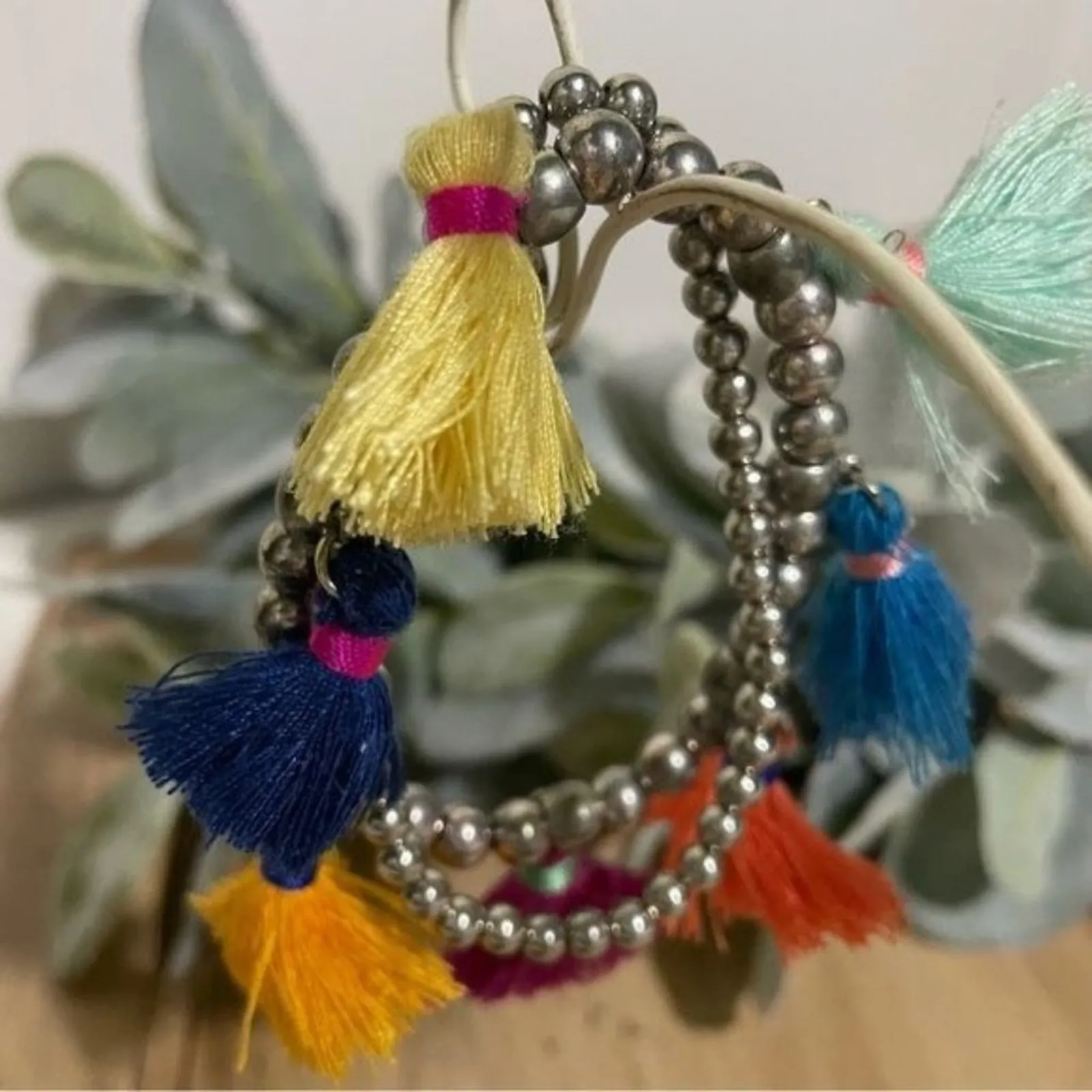 Bohemia Colorful Tassel Charm Stretch Silver-Tone Beaded Bracelet One Size - Image 2