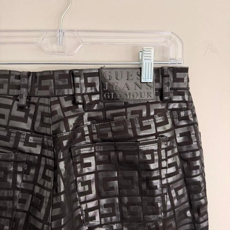 VINTAGE 90'S BLACK GUESS GLOSSY MONOGRAM PRINT PANTS - Image 7