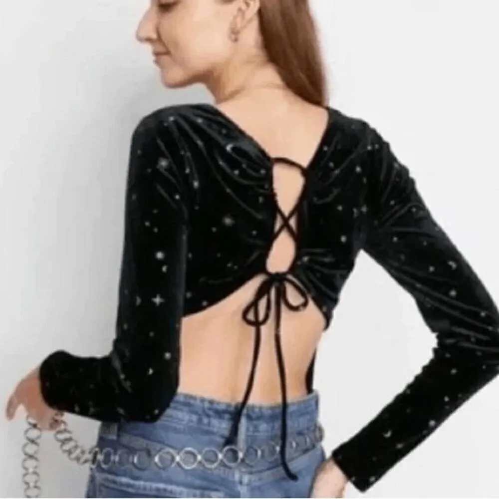 Wild Fable Black Velvet Whimsygoth Stars Moons Backless Bodysuit Small - Image 9