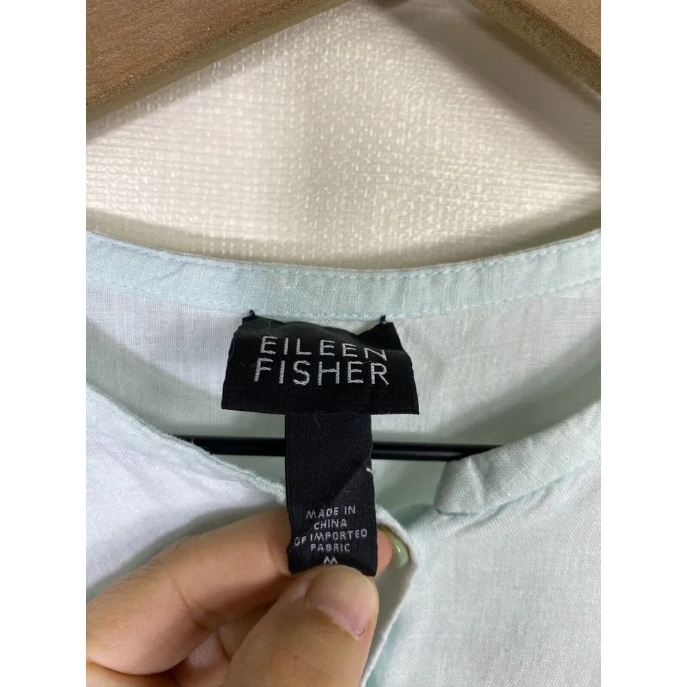 Eileen Fisher Irish Linen Button Up Tunic Top Sz M Blue Long‎ Sleeve Lagenlook - Image 3