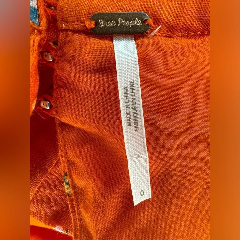Free People Linen Puff Sleeve Floral Mini Dress Size 0 Orange - Image 7