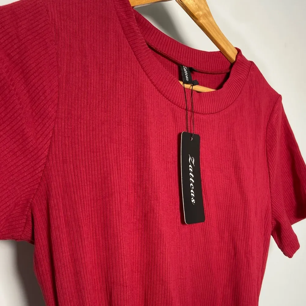 Red Cream Leopard Print Dress Ribbed Midi Flowy Pocket Spring Church Teacher NWT - Image 4