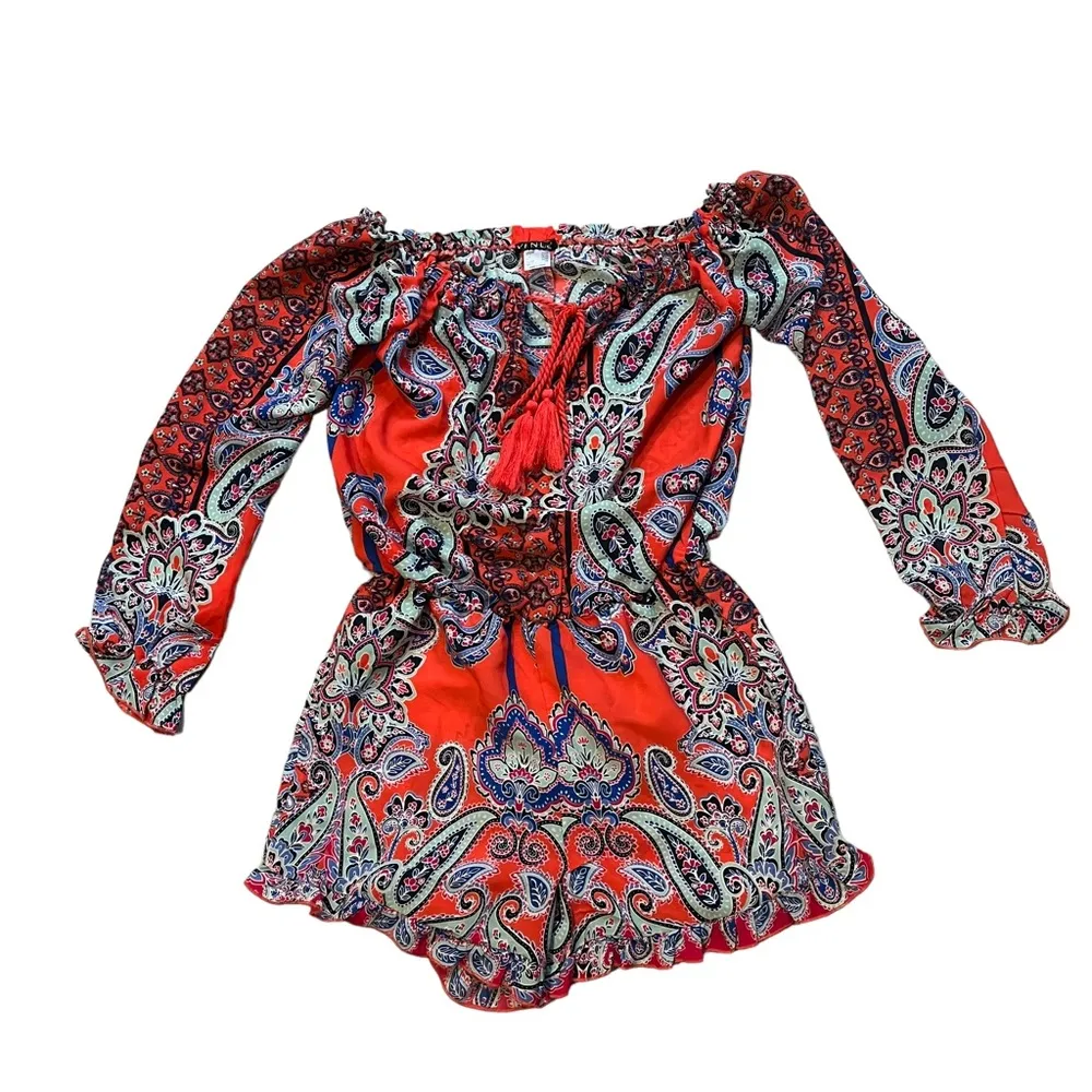 Venus Romper Off The Shoulder Floral Paisley Print Ruffle Long Sleeve - Image 9