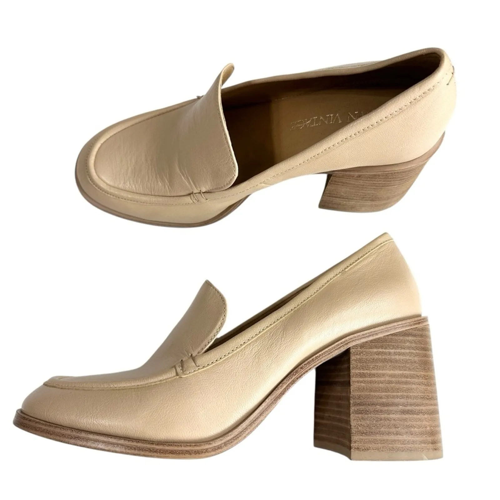 Crown Vintage Caitlun Pump Leather Cream Block Heel Loafers Size 10 Preppy - Image 13