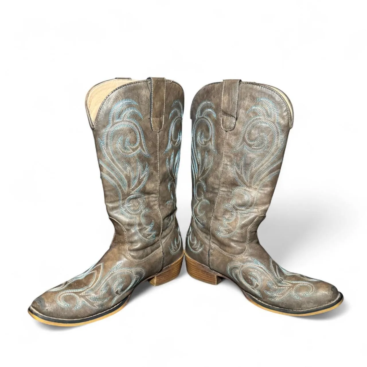 Roper Women’s Size 8.5 Western Cowboy Boots Gray Blue Stitching Square Toe All M - Image 3