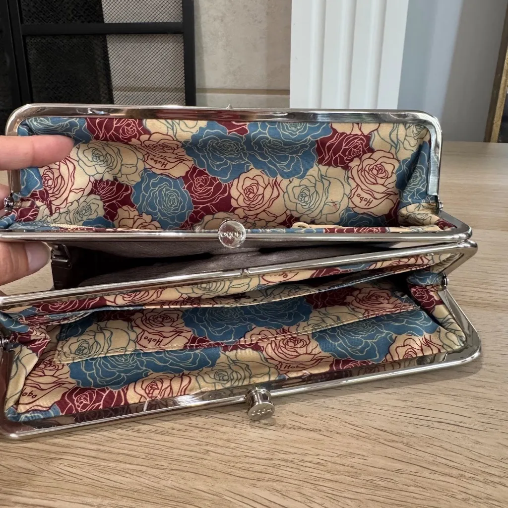 HOBO Stone Gray Leather Foldover Double Kisslock Clutch Wallet - Image 11