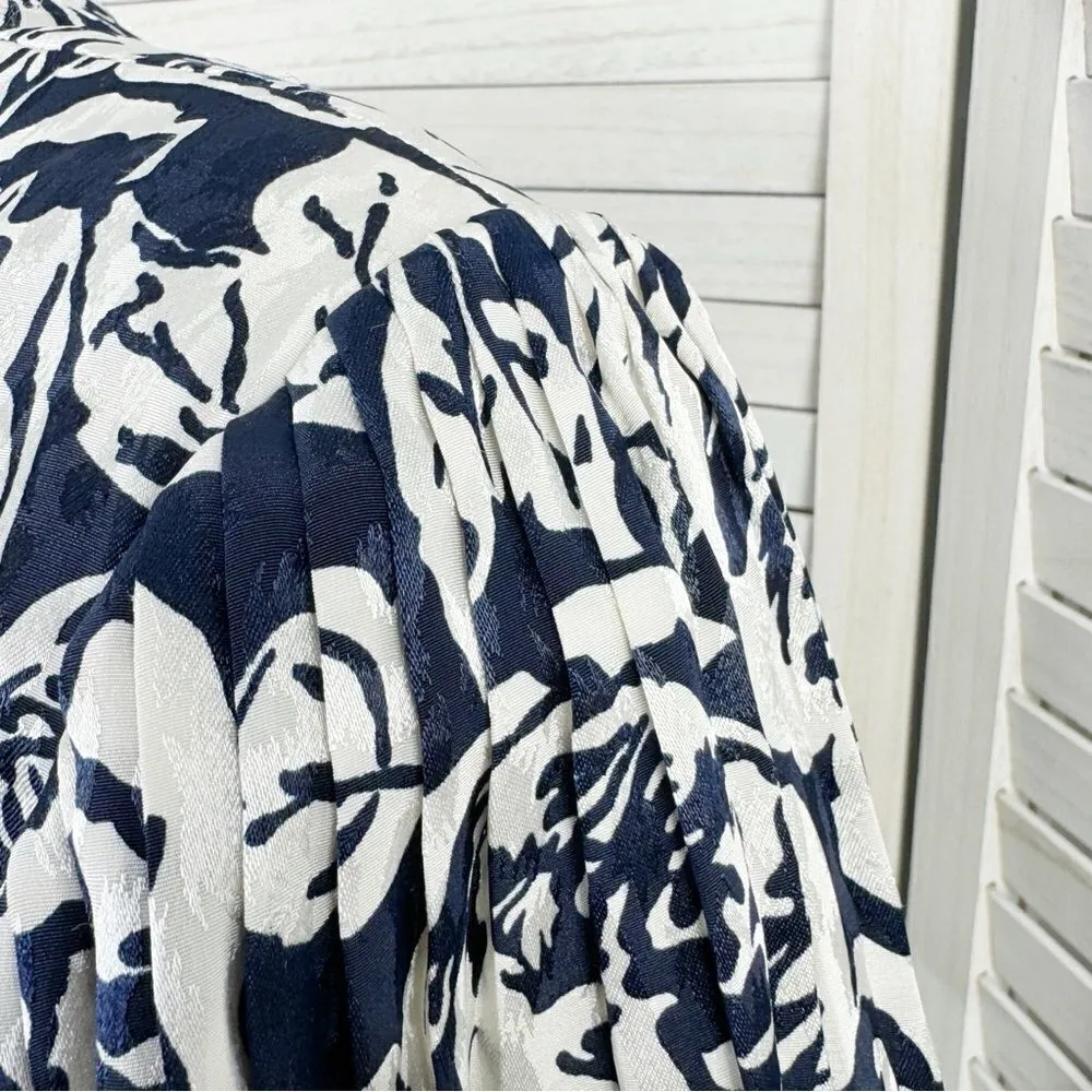 Vintage‎ Henry Lee Floral Satin Jacquard Pleated Puff Sleeve Dress Blue White 12 Blue - Image 7