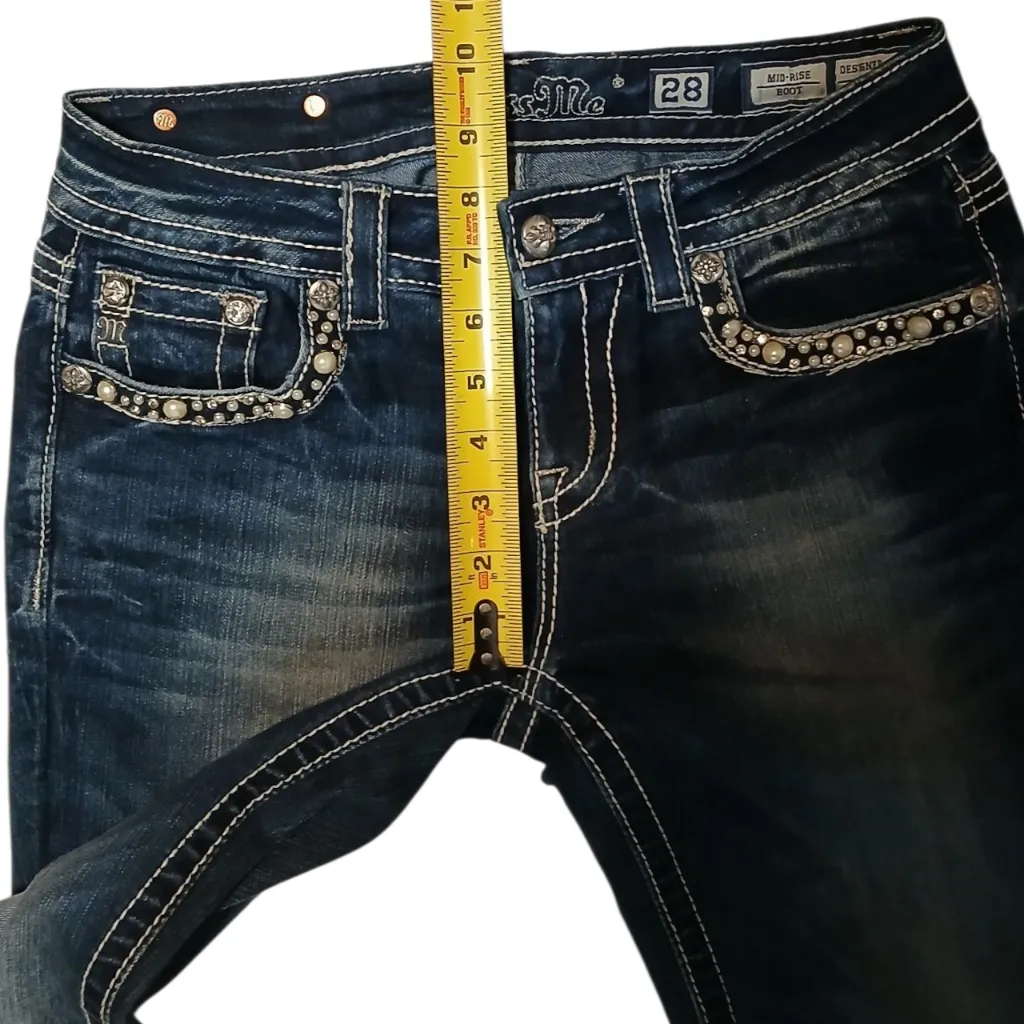 Miss Me  Y2K style pearl and rhinestone studded midrise bootcut jeans size 28 - Image 7