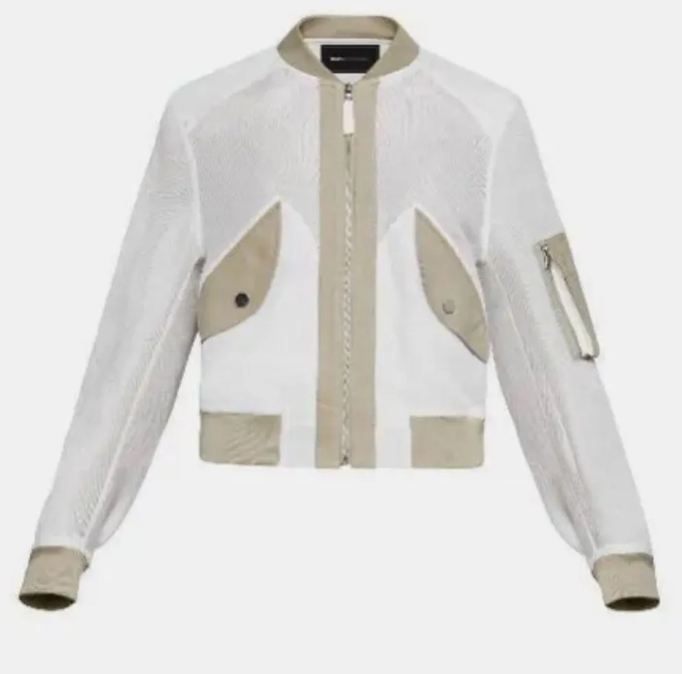 BCBGMAXAZRIA Hugh Mesh Bomber Jacket Beige/White Size XXS NEW - Image 8