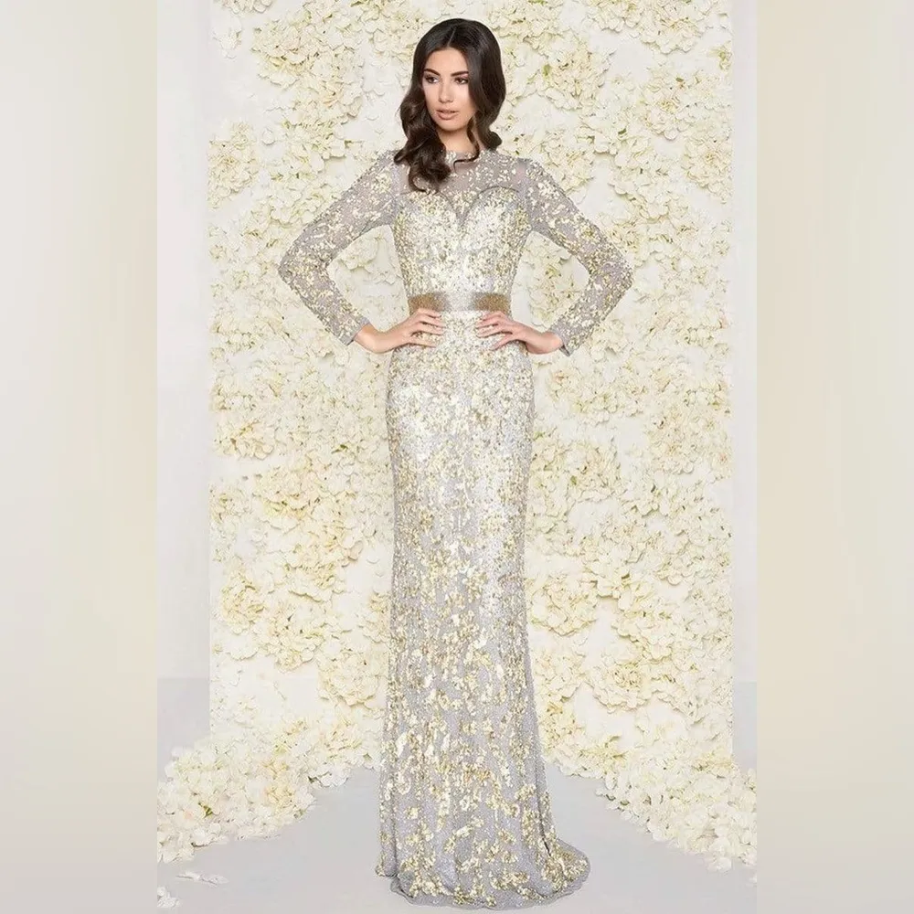 Mac Duggal 4316D Long Sleeve Beaded Formal Black Tie Evening Gown Platinum Gold - Image 3