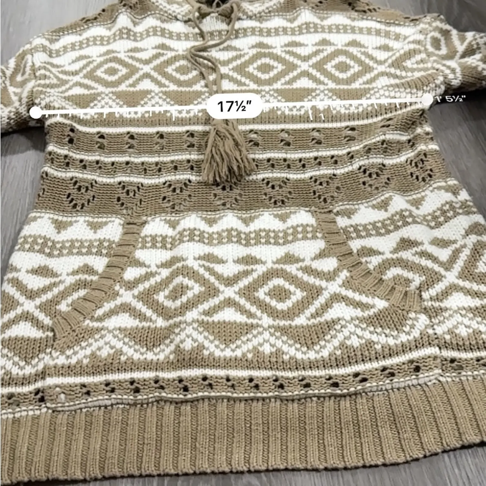 Forever 21 Tan & White Fair Isle Chunky Open Knit Long Sleeve Hoodie‎ Size S - Image 8