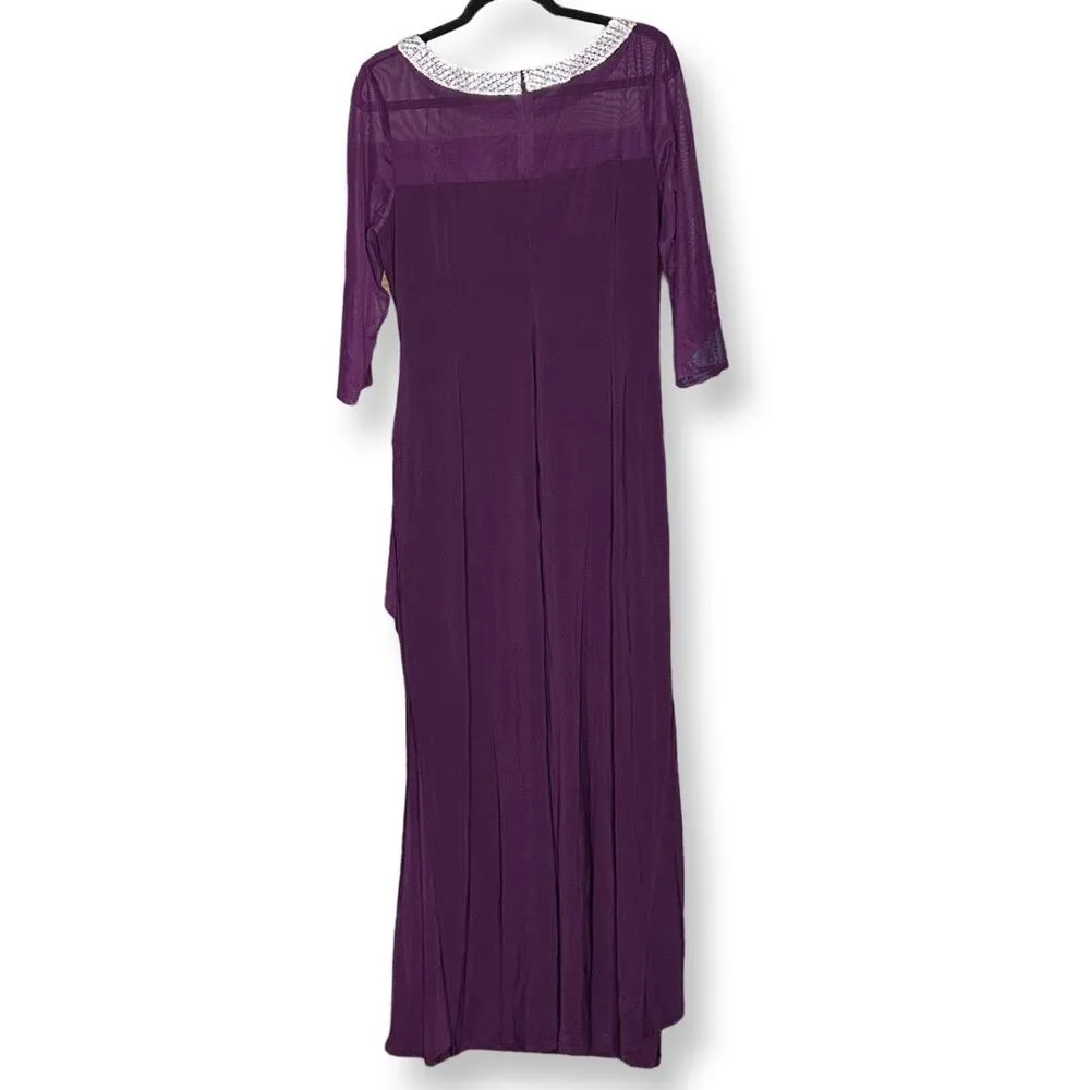 Alex Evenings Long Shift Dress Illusion Neck Line In Eggplant - Image 3