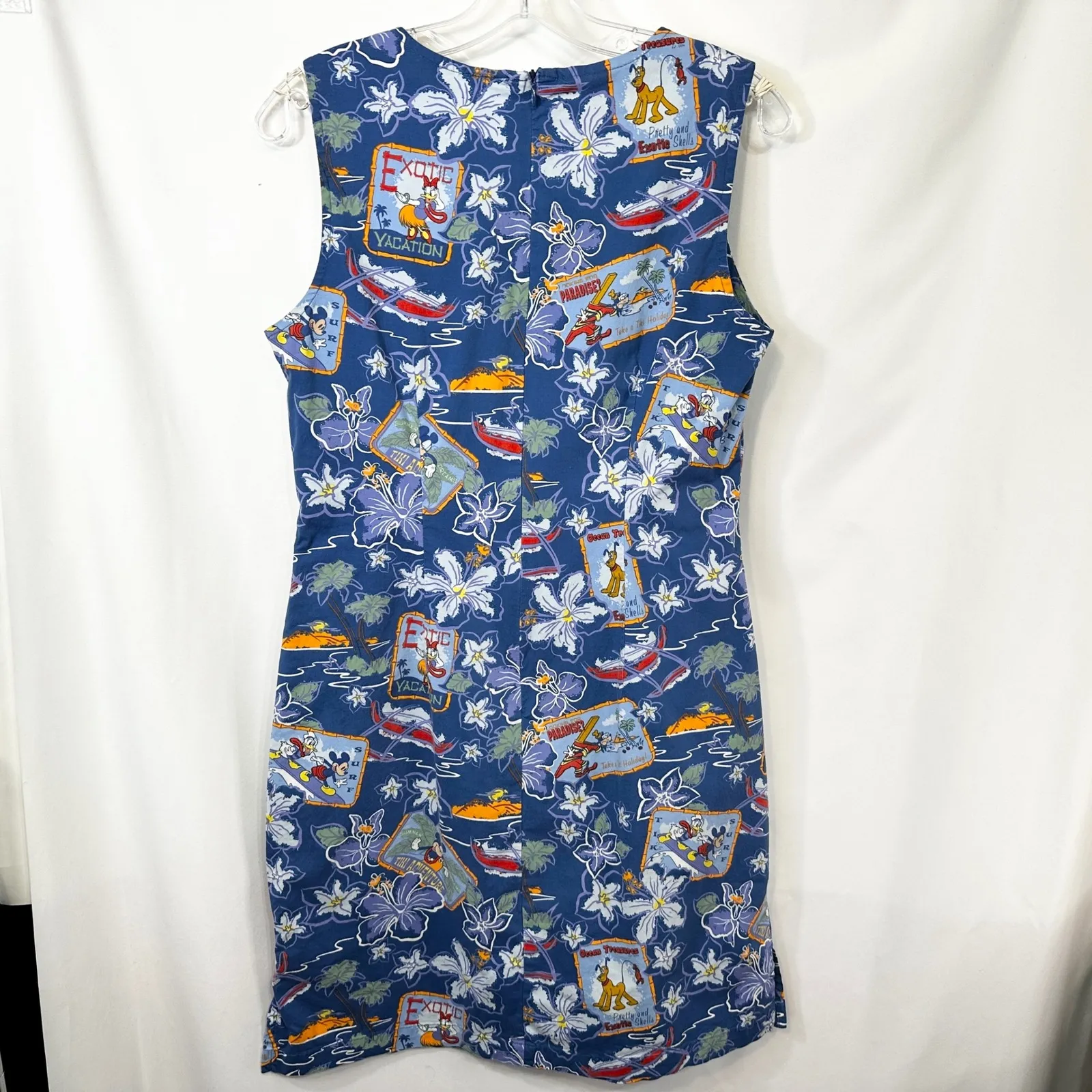 VTG Disney Medium Shift Dress Mickey Hawaiian Sleeveless Hula Tiki Postcard 1178 - Image 2