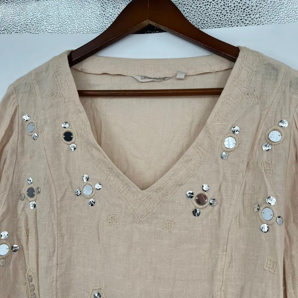 Soft Surroundings Top tan #2AY88 Shirt Embellished Mirrors Popover V Neck large - Image 4