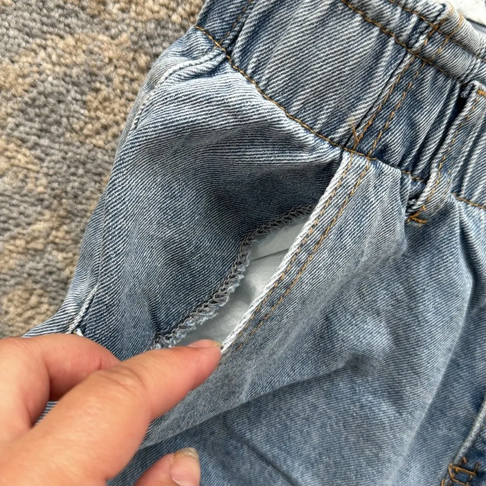 Denim Elastic High Waist Cuffed Shorts Blue Small - Image 2