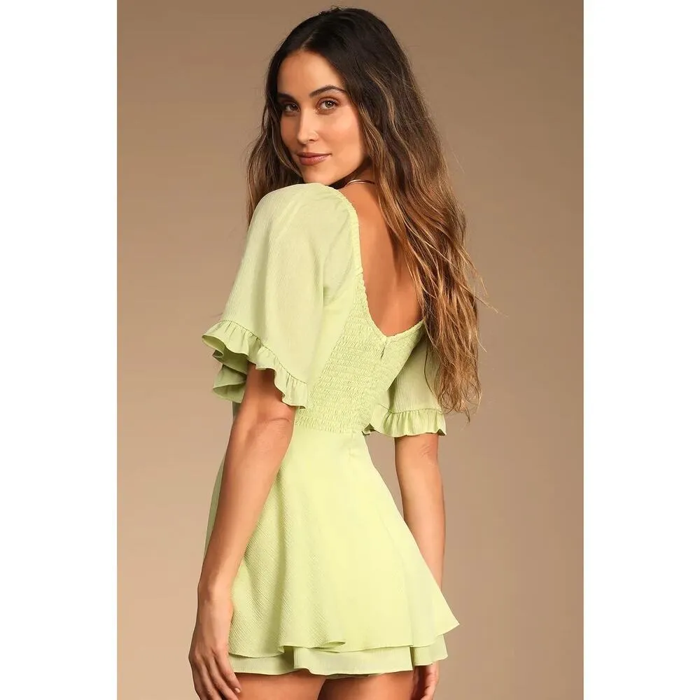 Lulus Spring Love Light Green Ruffled Short Sleeve Romper Size Large - Image 2