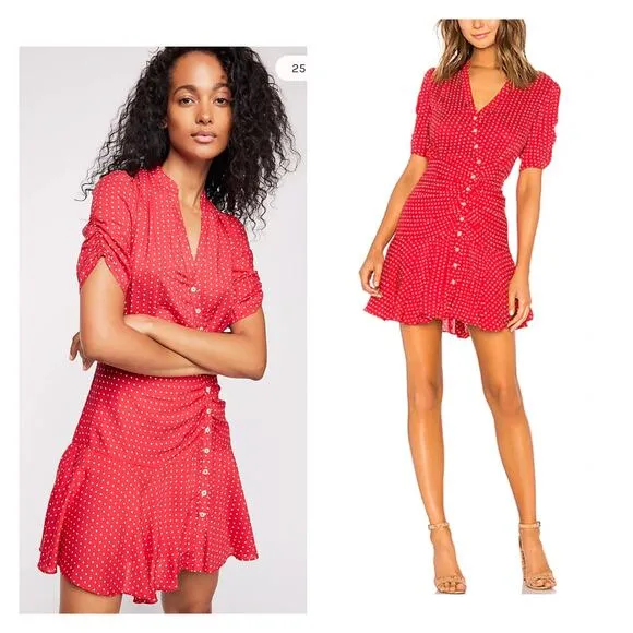 Free People Pipa Short Sleeve retro mini dress ruched flowy skirt red polka dots - Image 2
