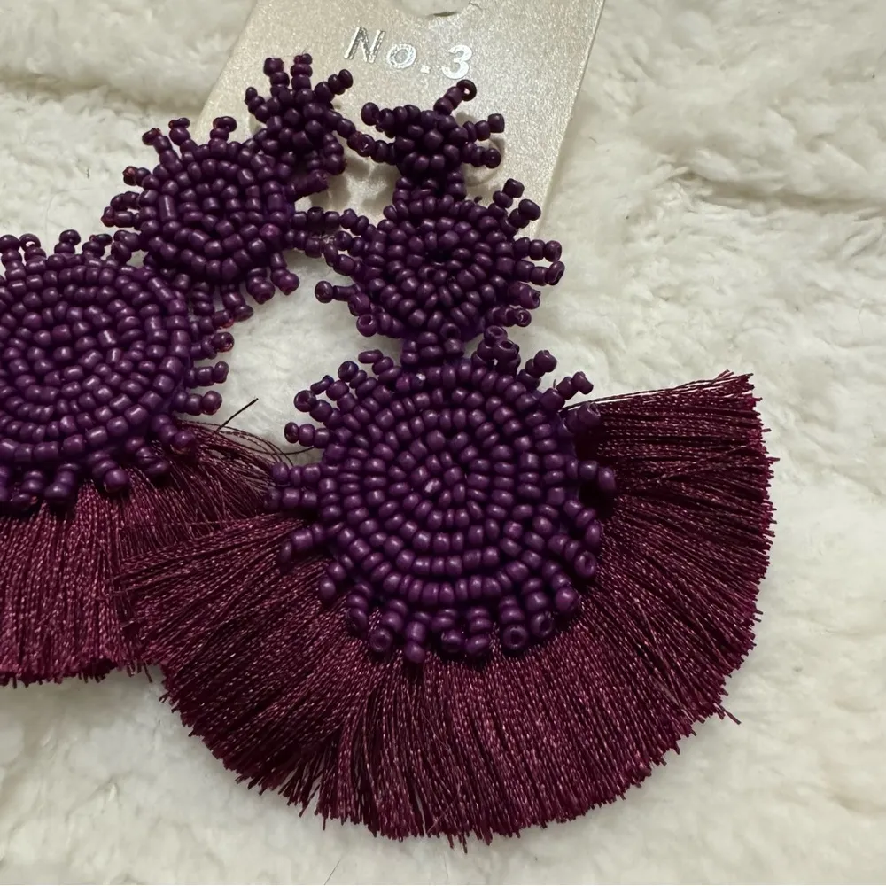 Bohemian Purple Beaded Drop Earrings, Three Tiered, Statement Fringe - Image 2