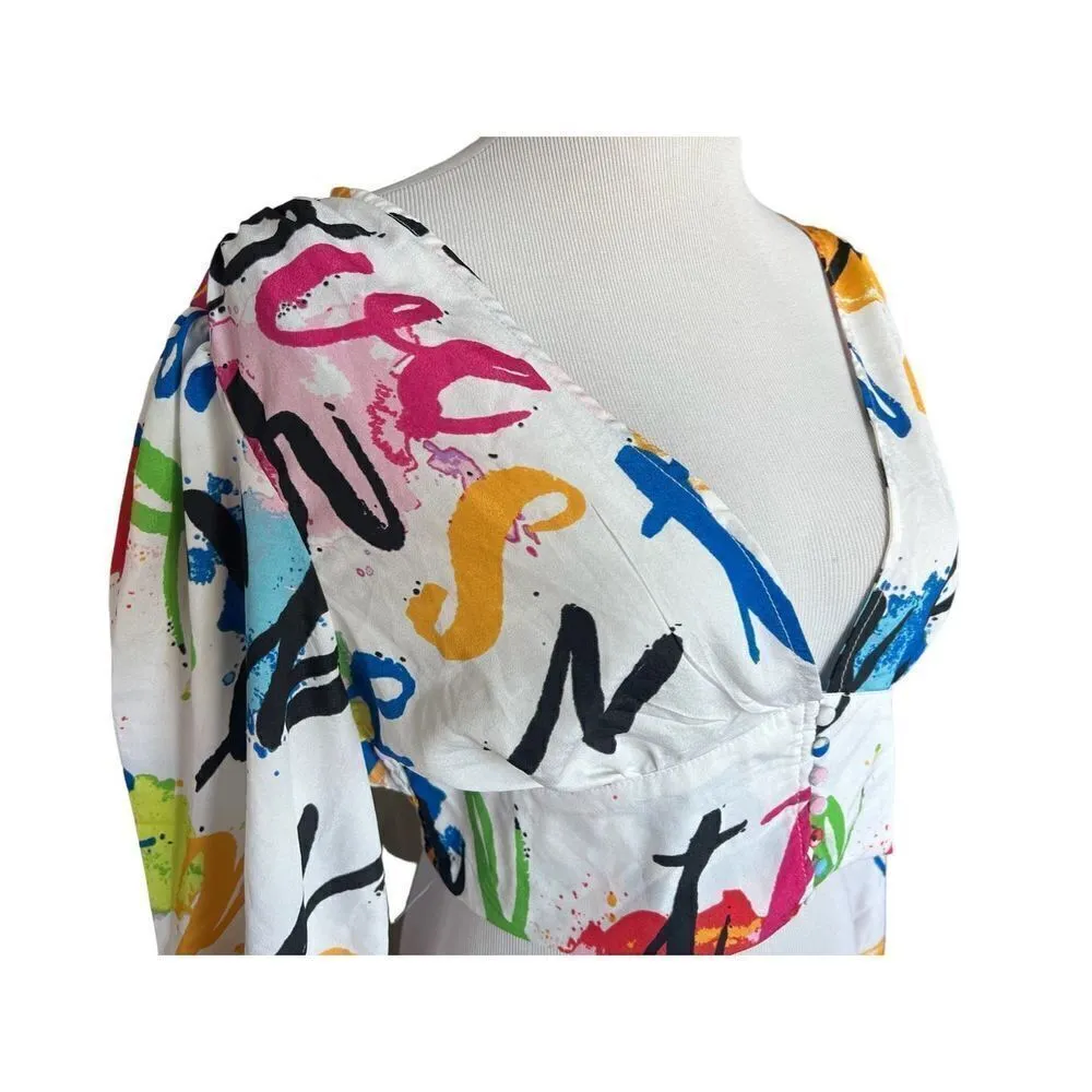 NWT Womens Love X Design Grafitti Chic Scribble Print Balloon Sleeve Crop Top L - Image 2