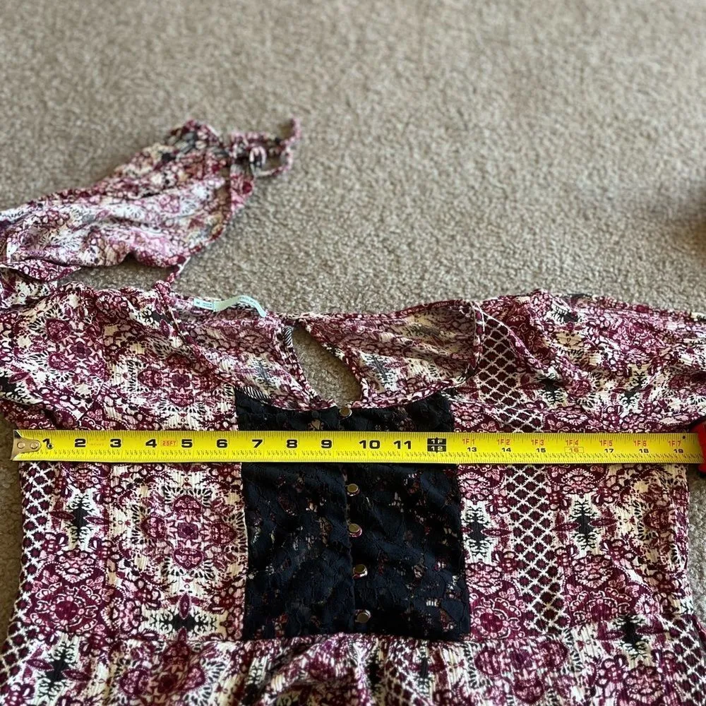 Maurices Women’s Burgundy Bohemian Floral Print 3/4 Sleeve Tie Back Mini Dress M - Image 13