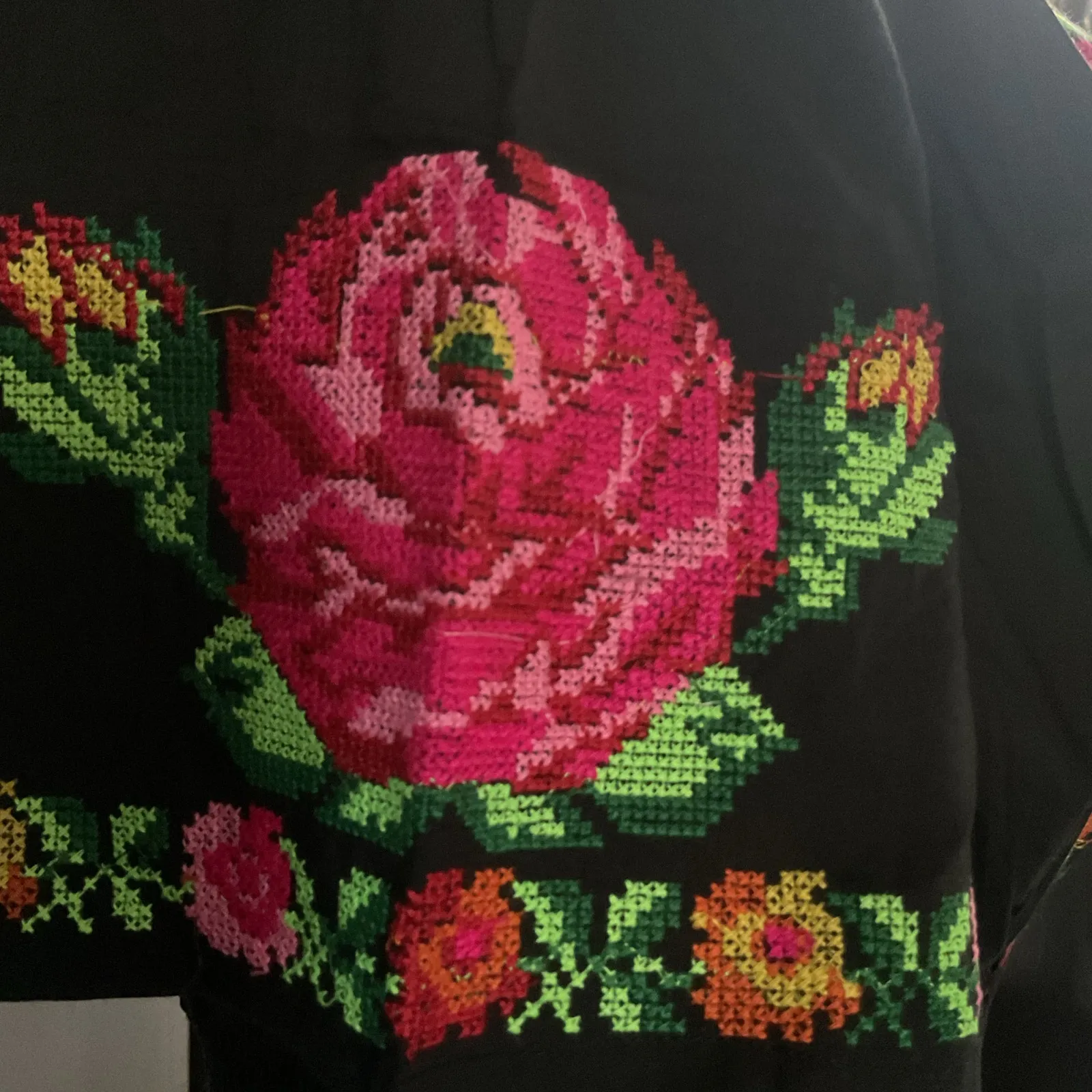 Mexican Embroidered Black Dress Floral Cotton Midi Size M - Image 5