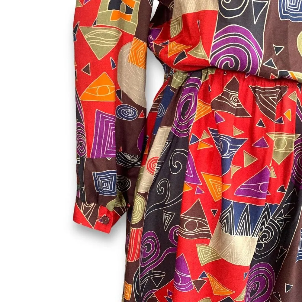 Vintage Shirt Dress Red Abstract Geometric Art Print Long Sleeve Midi Petite 12 - Image 8
