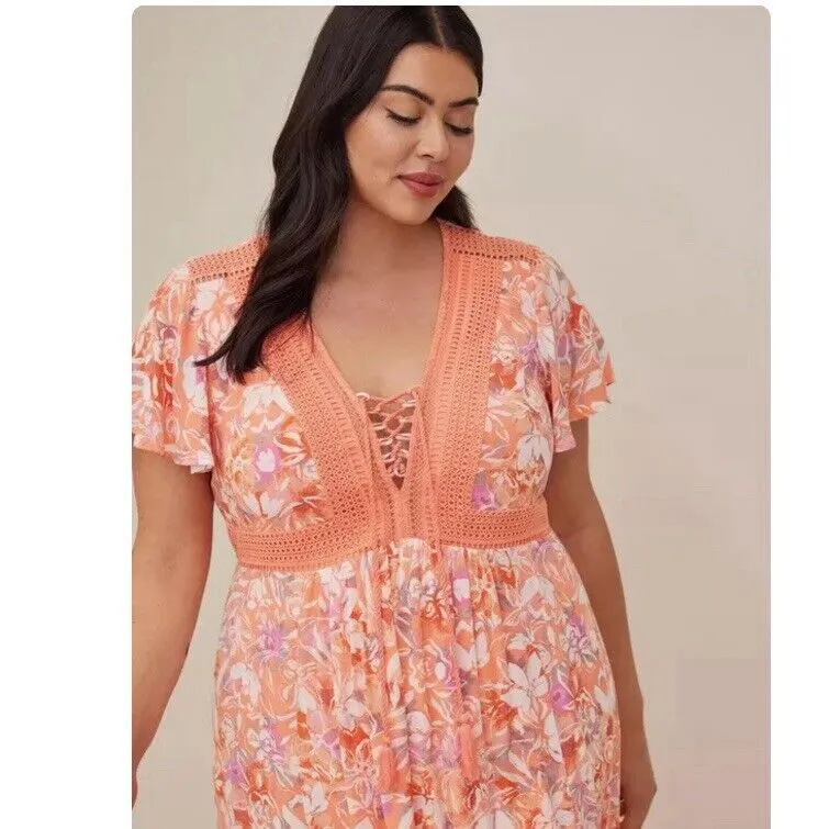 Torrid Coral‎ Floral Crinkle Gauze Lace Up Midi Dress Size 2X Pockets Tassels - Image 3