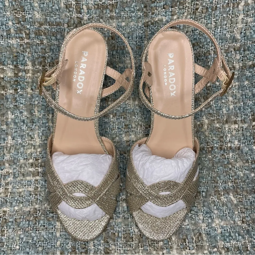 Paradox London Kitty Glitter High Heel Ankle Strap Sandal in Champagne - Image 7