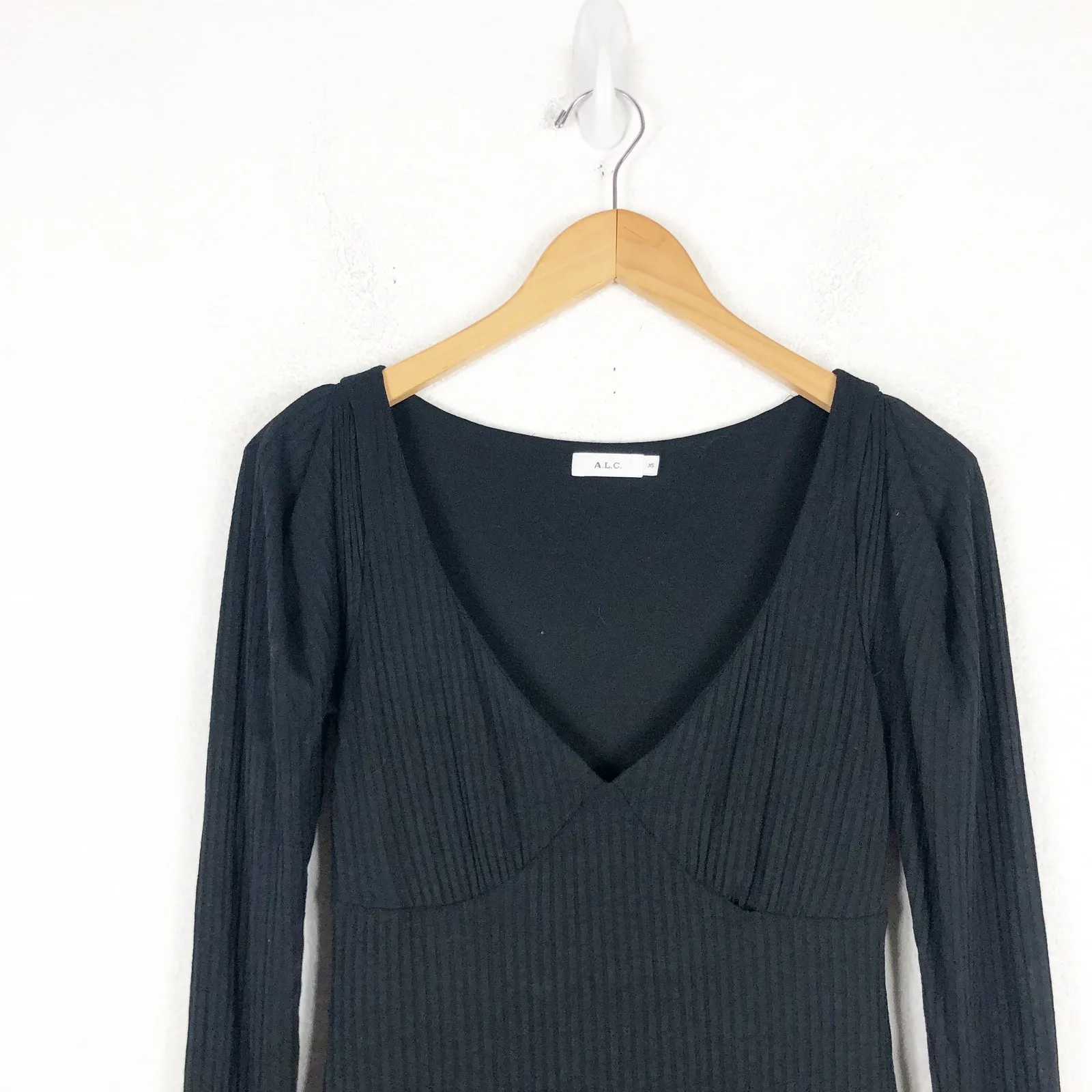 A.L.C. Dafne Midi Dress Size XS Black Ribbed Puff Knit Bodycon Quiet Luxury Emo - Image 4