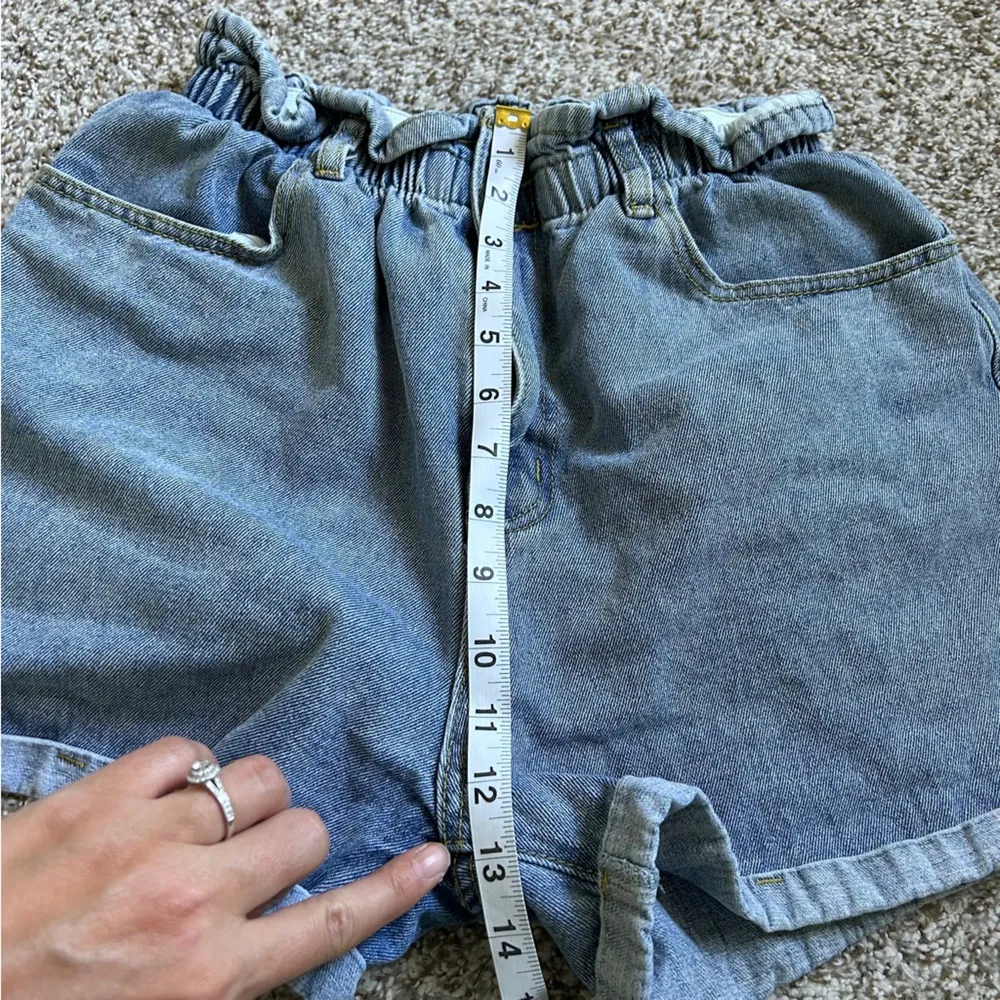 Plaid & Plain Elastic Waist High Rise Denim Jean Retro Rolled Shorts Medium - Image 7