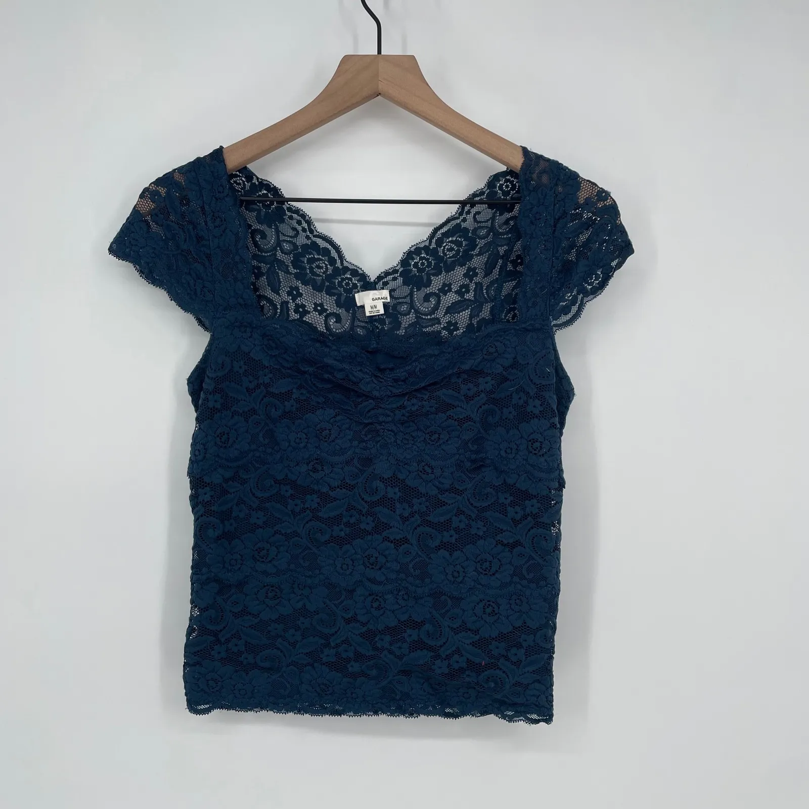 Garage Lace Cap Sleeve Square Neck Top Teal Medium - Image 2
