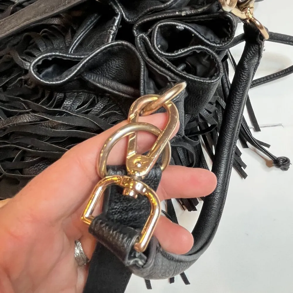 H&M Black Leather Fringe Bucket Bag Handbag Crossbody Boho Carry-All Drawstring - Image 5