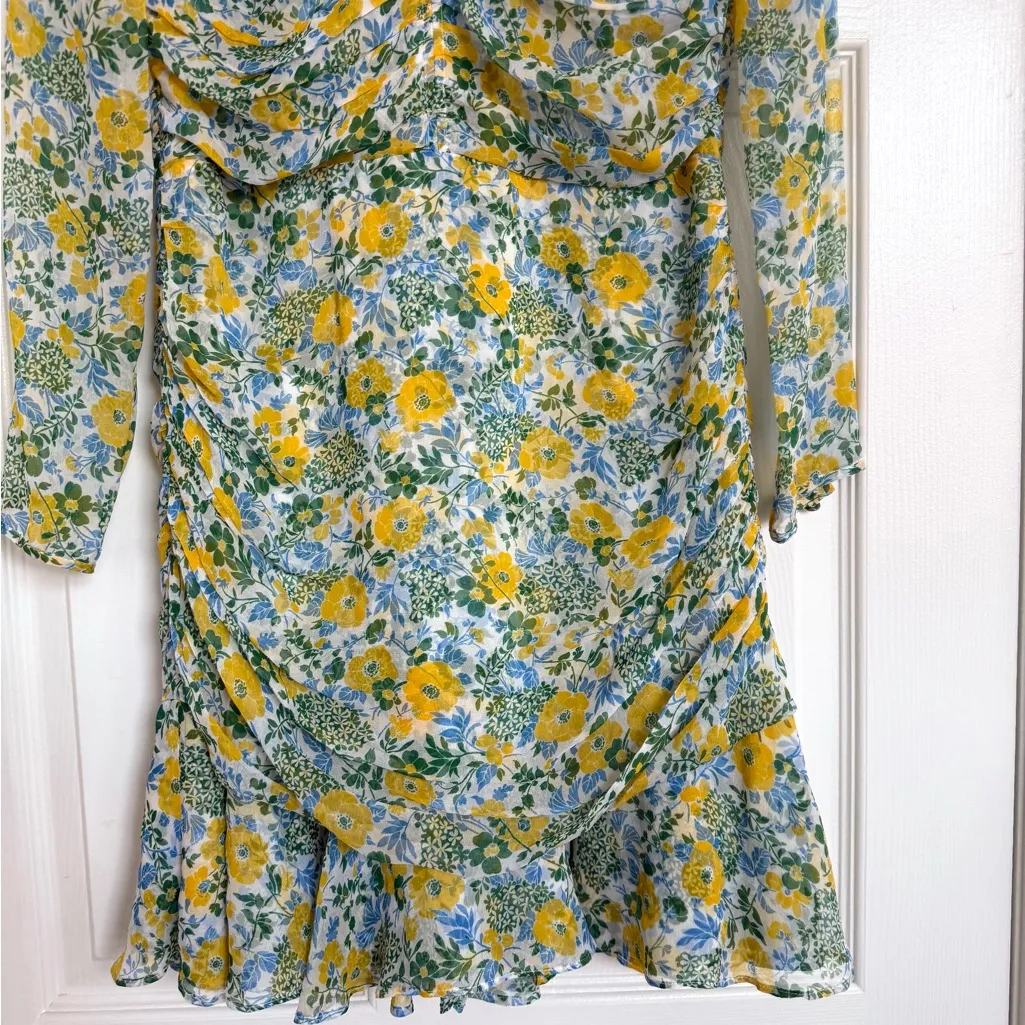 Veronica Beard Ruched Floral Silk Chiffon Mini Long Sleeve Dress 6 Yellow Blue - Image 4