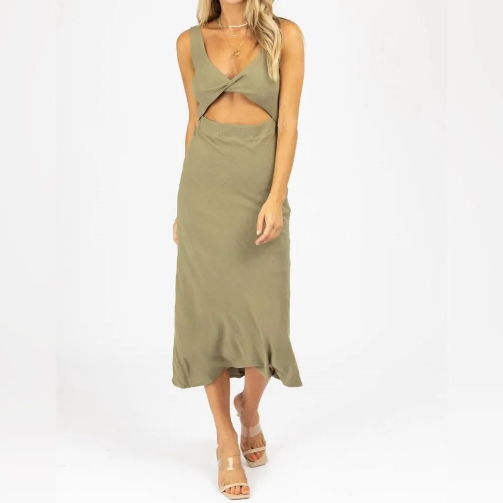Mable Olive Cotton and Linen Cutout Dress | M Green Size M - Image 5