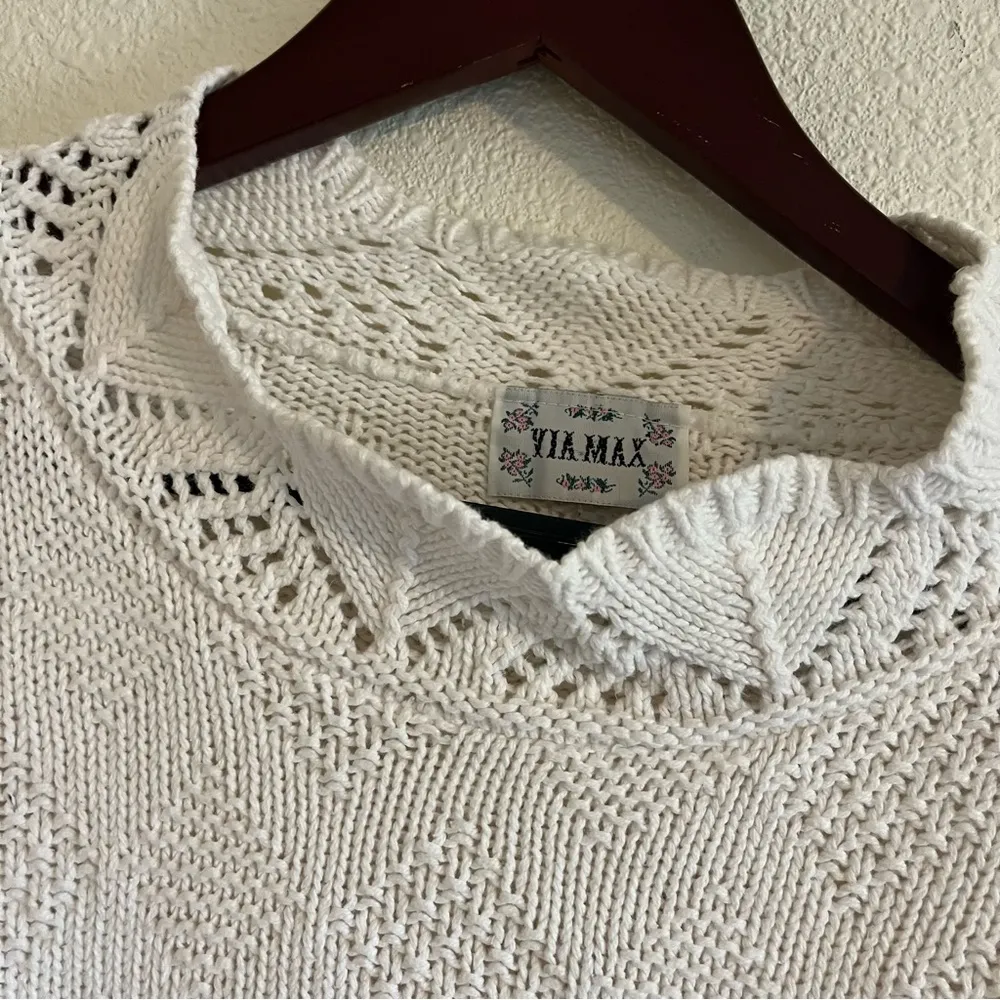 Via Max Vintage Cream / Off White Crochet Knit Grandpa Sweater Size L - Image 7