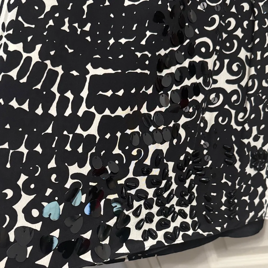 💖Nanette Lepore Black/White Abstract Pattern Silk Mini Dress Beading & Sequins - Image 3