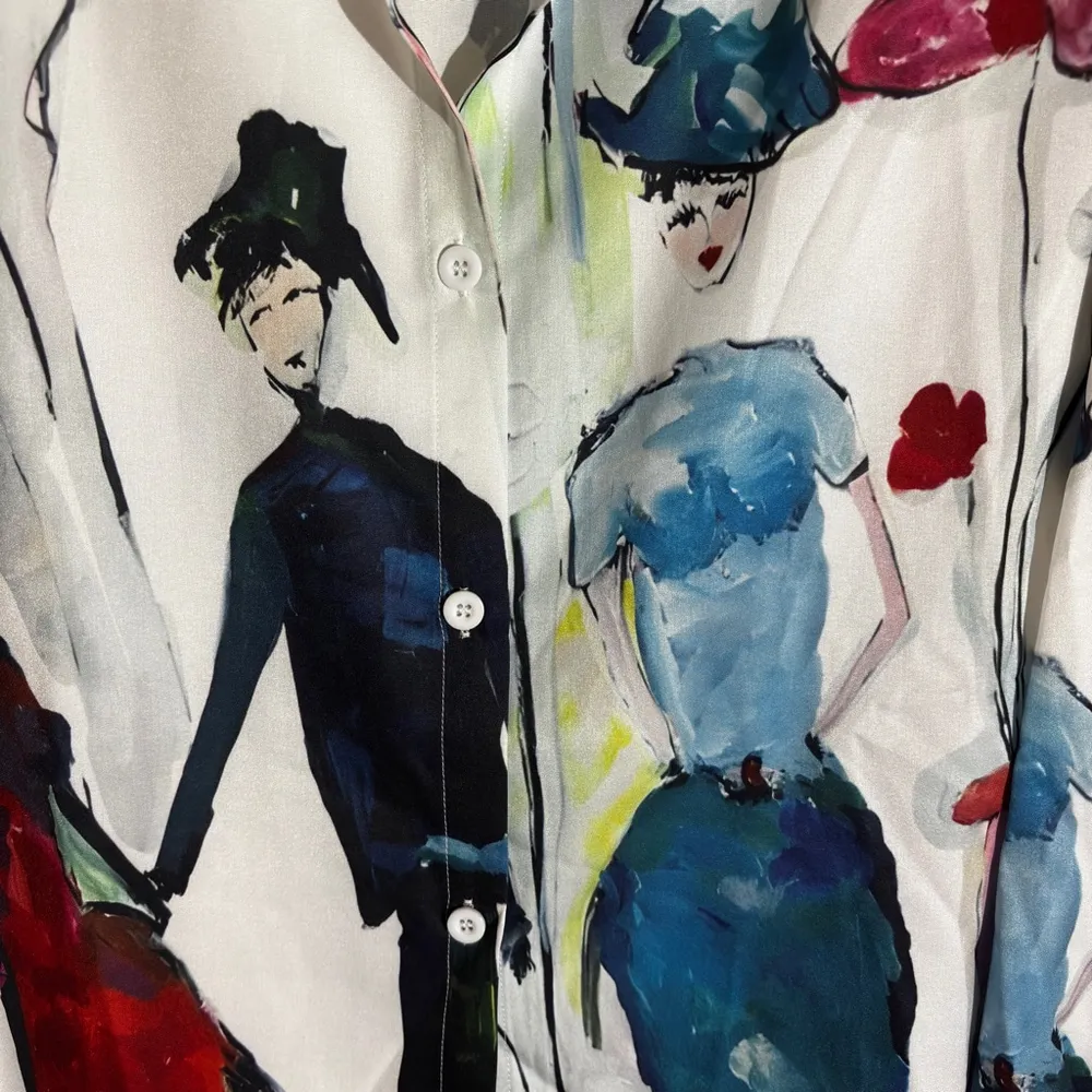 Parisian Oil Painting Print Button Down Blouse Large Multiple Size M - Image 11