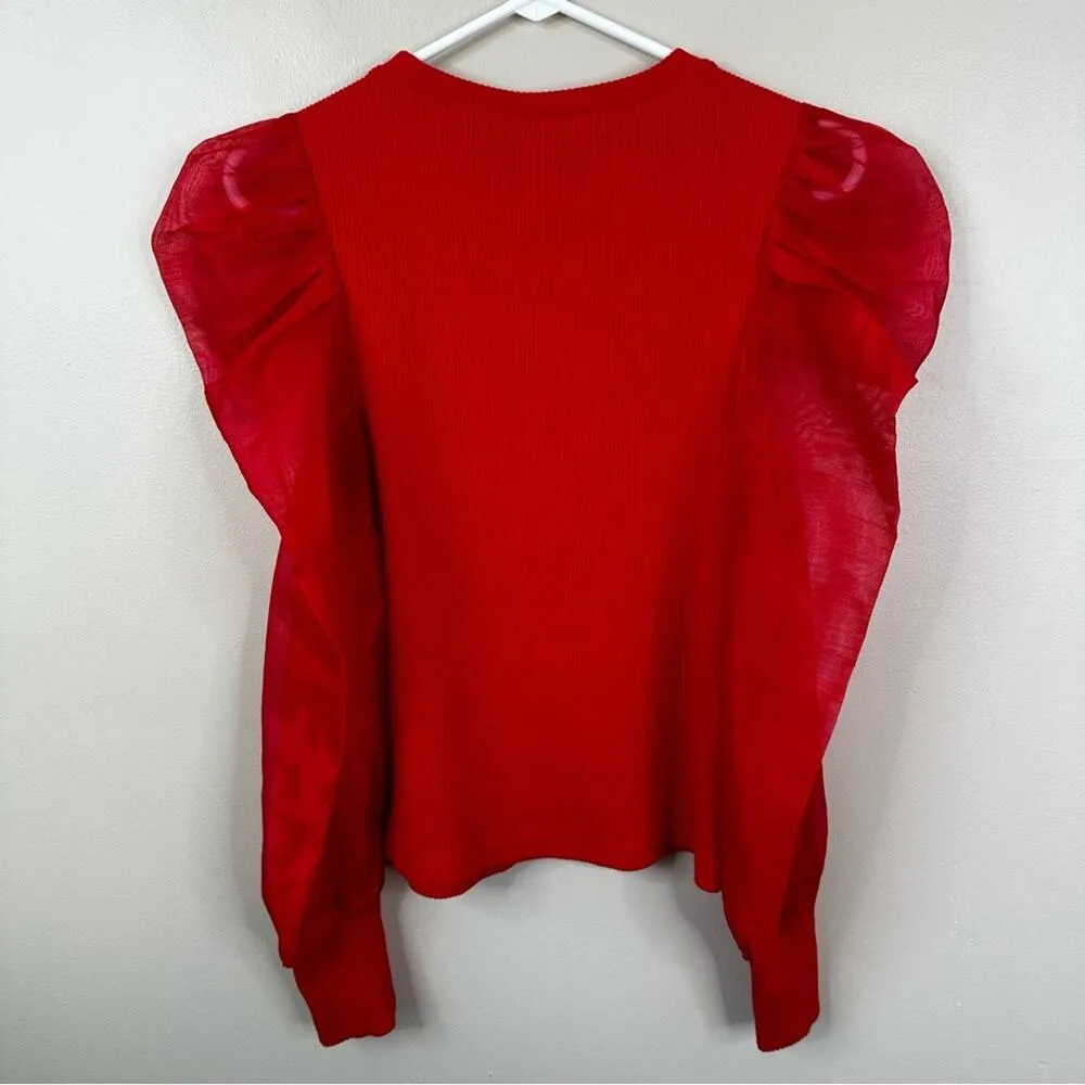 Dolan Anthropologie Shirt Womens Small Red Sheer Puff Sleeves Blouse - Image 4