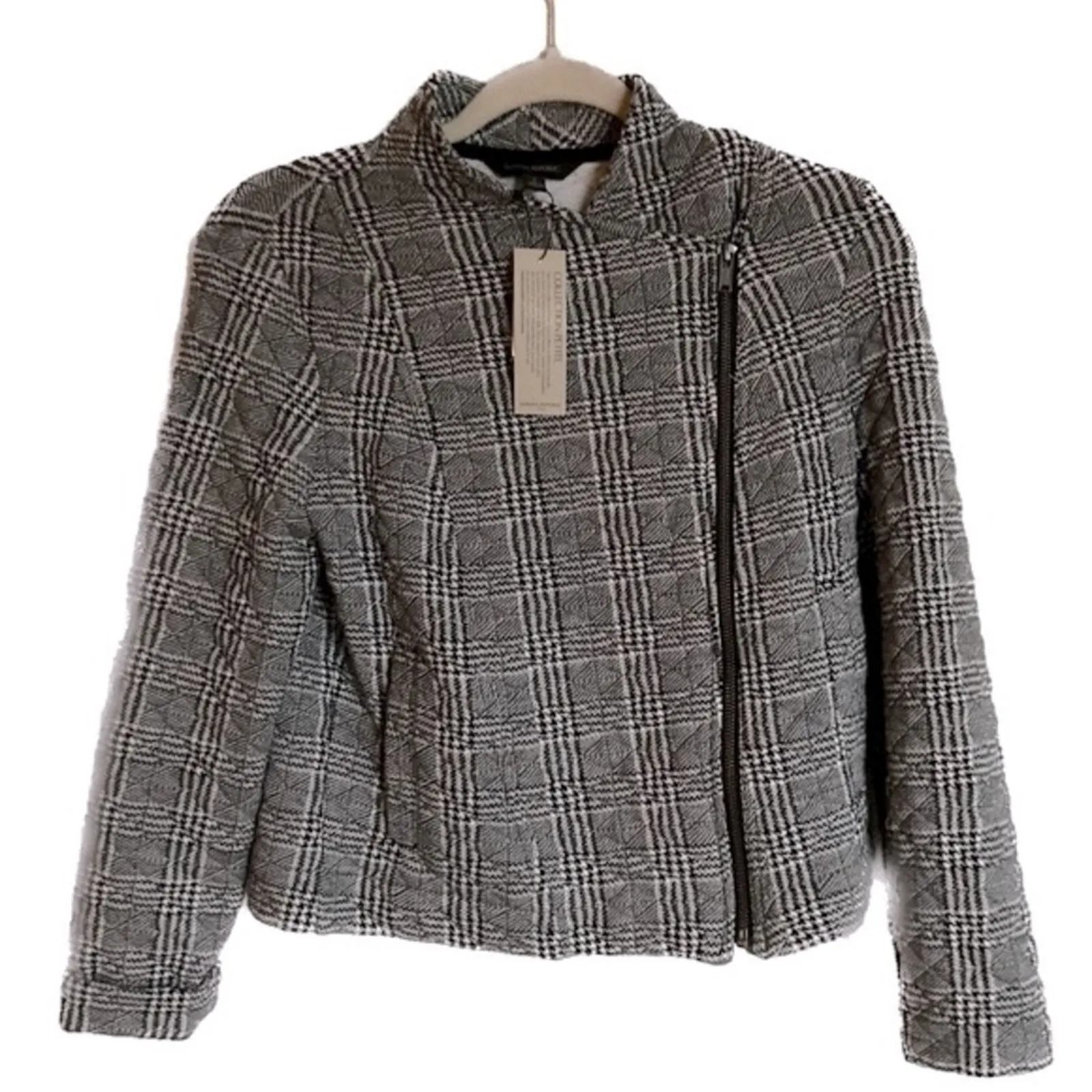 Banana Republic Factory Womens SP Grey Plaid Quilted Crop Moto Jacket Academia - Image 2