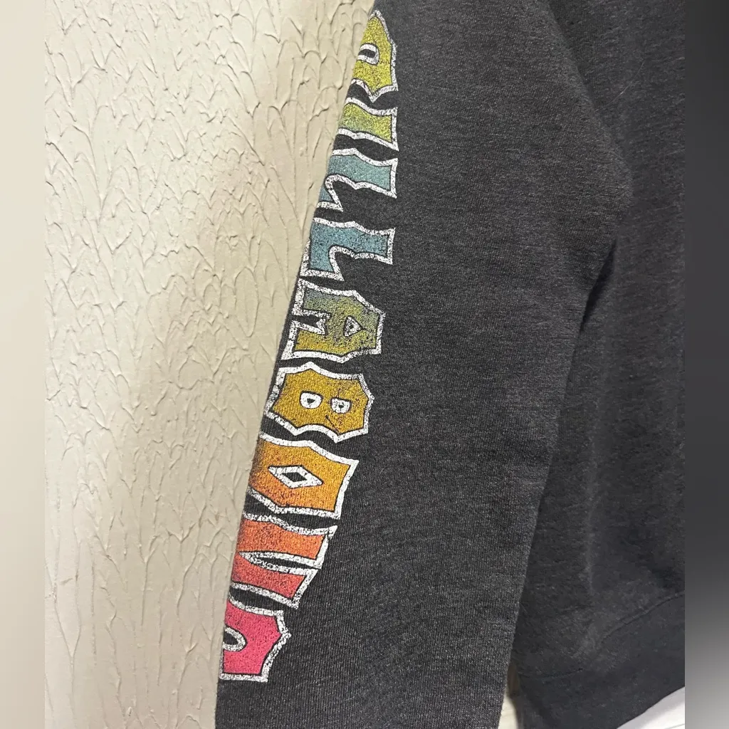 Billabong Dark Gray with multi color logo kangaroo pocket hoodie size small - Image 7