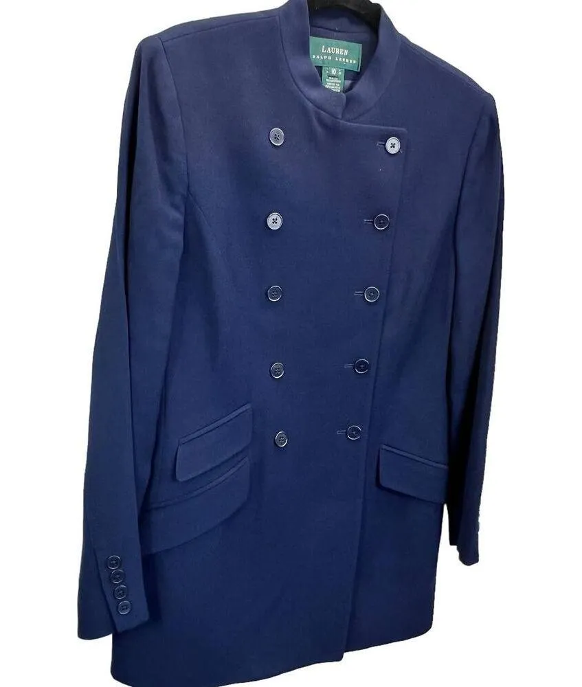 Lauren Ralph Lauren Womens Overcoat Jacket Blue Size 10 Worsted Wool Mid Length - Image 4