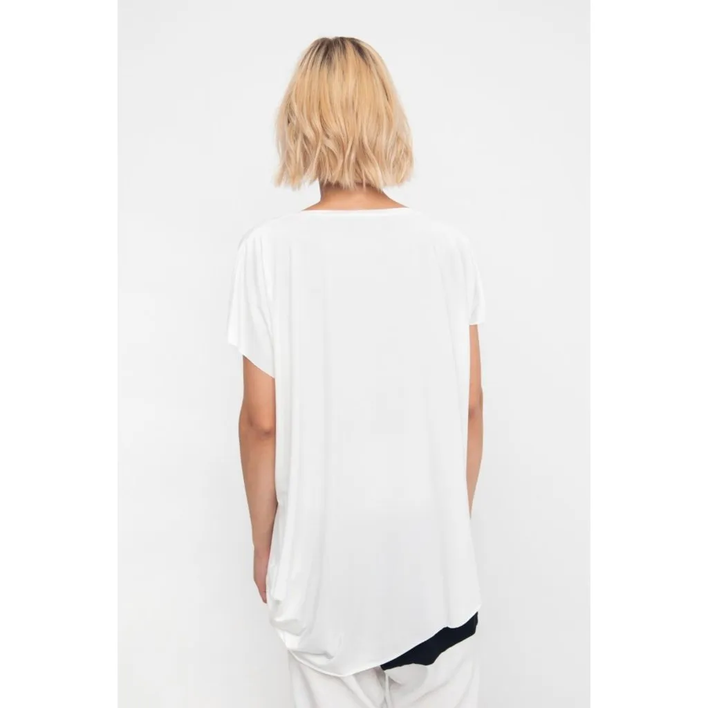 Ozai N Ku Asymmetric Jersey Knit Short Sleeve Off White Black Patch Side Top L Size L - Image 4