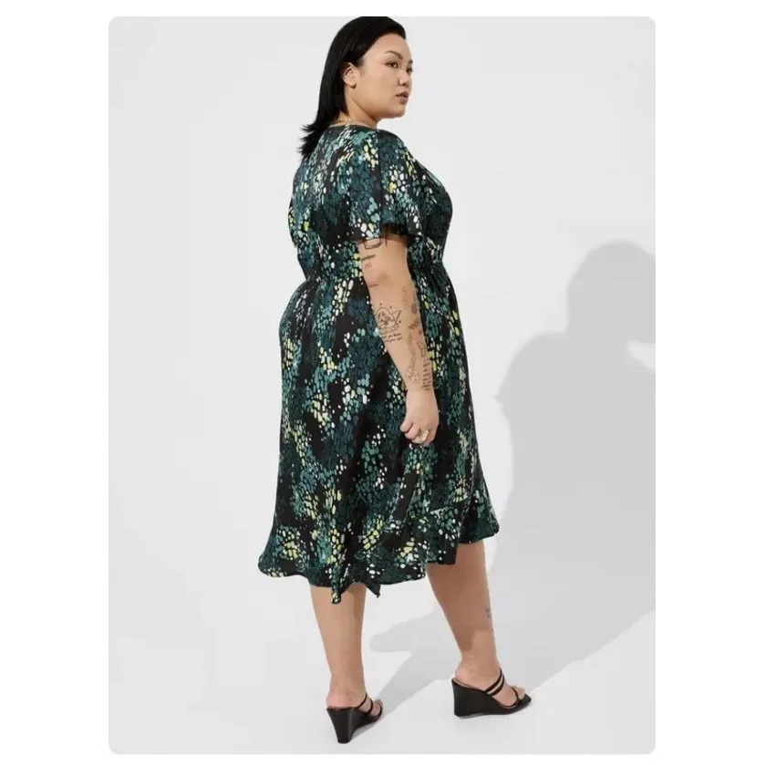 Torrid Black Green Geo Bubble Print Flutter Sleeve Wrap Dress Size‎ 2X Pockets - Image 3