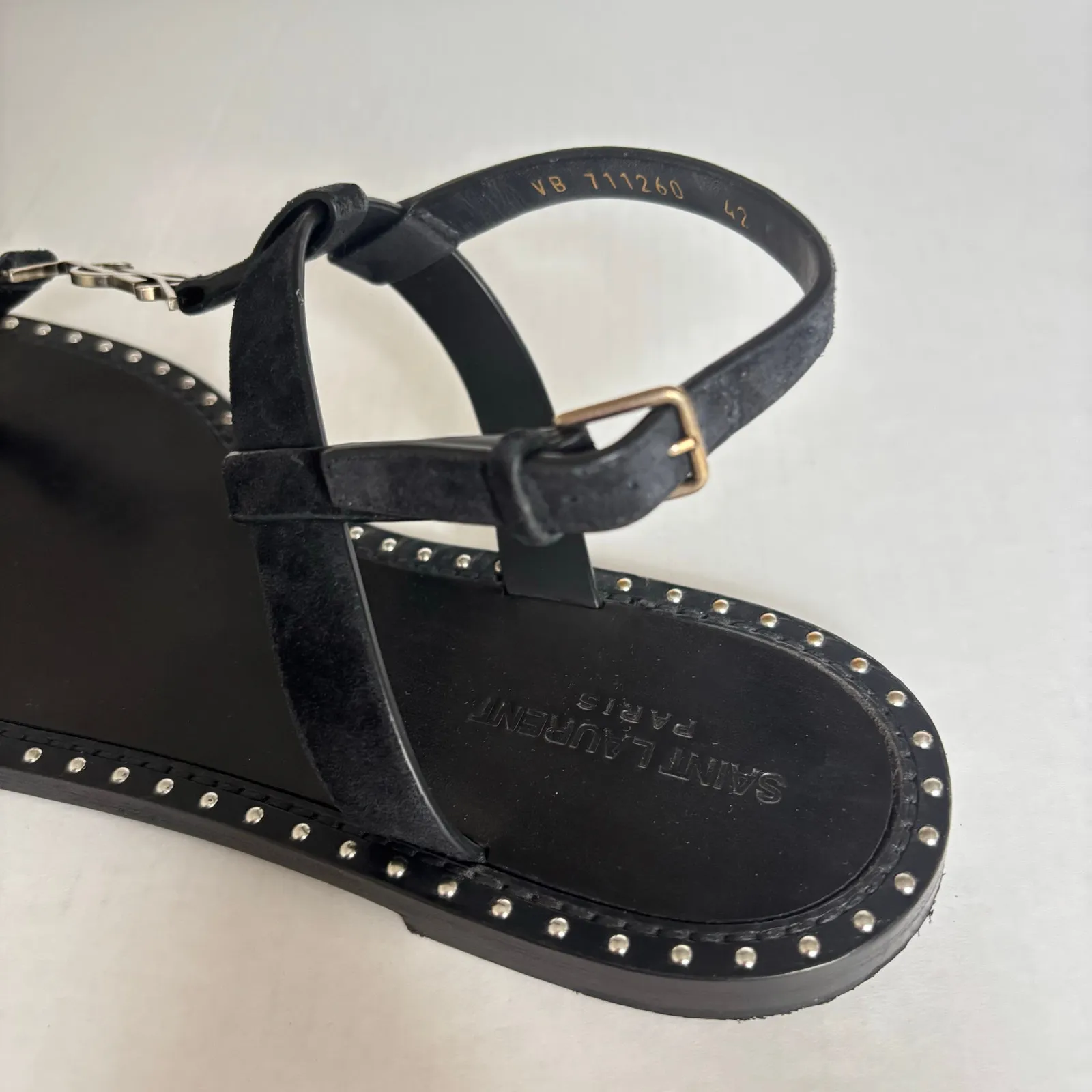 Saint Laurent Cassandra YSL Studded T-Strap Leather Flat Sandals Black Size 42 - Image 12