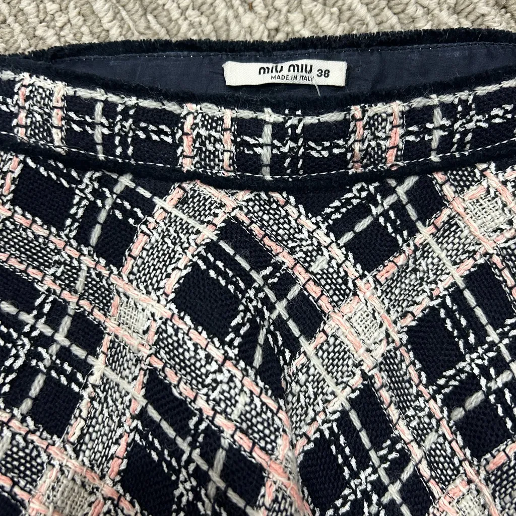 Miu Miu Navy and Pink Plaid Flare Pleated Skirt - Image 3