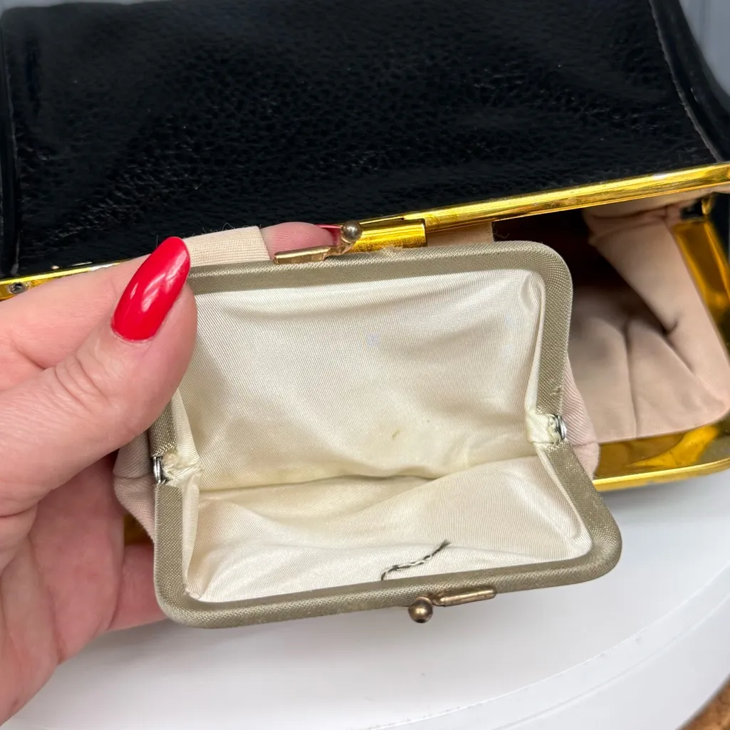 Vintage Black Leather Frame Clutch Gold Tone Handle 1950s Unique Steampunk - Image 9