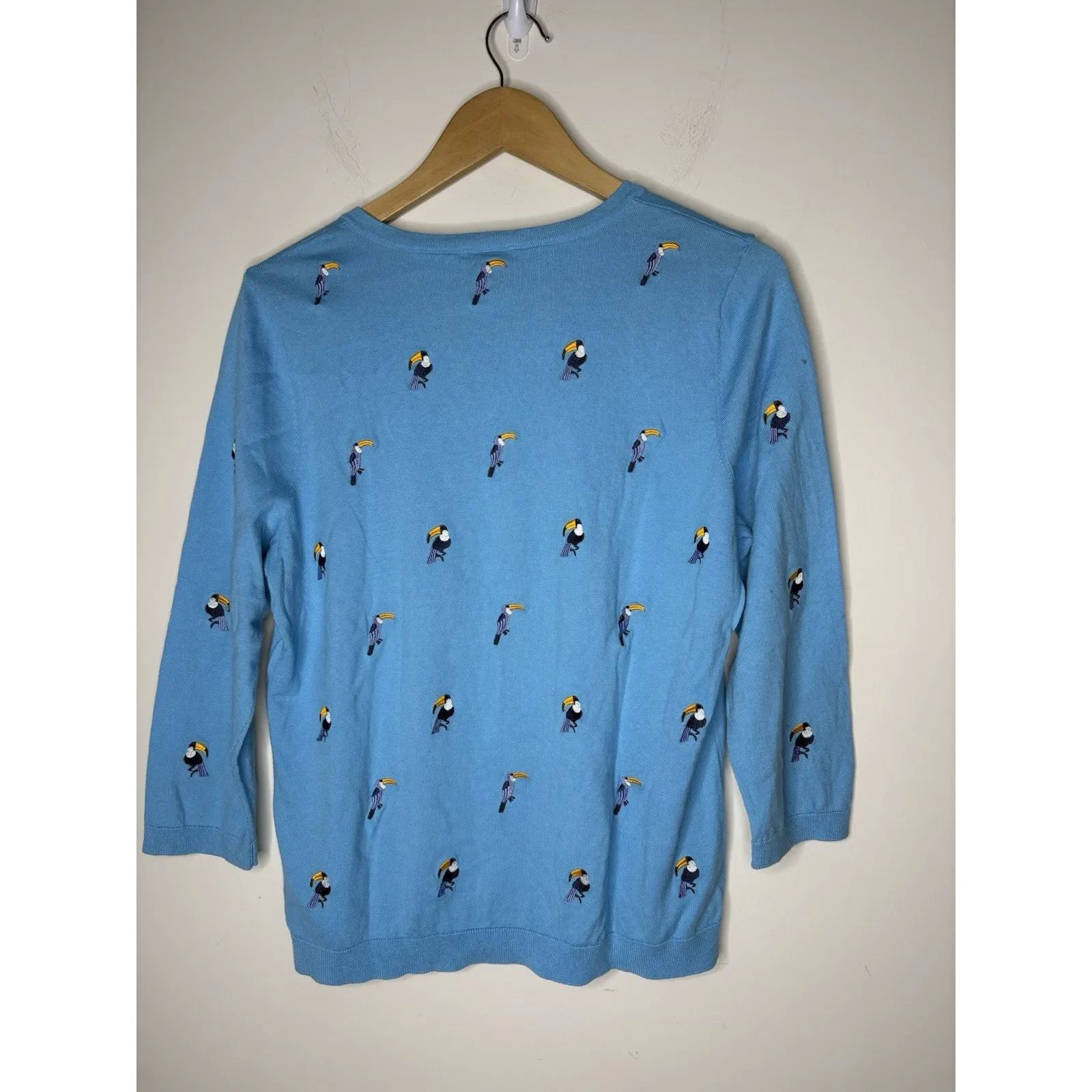 Talbots Size L Toucan Bird Embroidered Cardigan Sweater Blue 3/4 Sleeve Novelty - Image 3