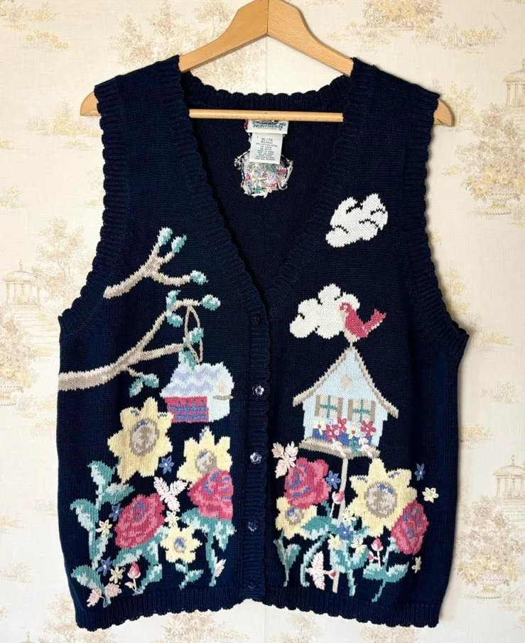 Vintage 90s blue cottagecore flower garden bird house sweater vest cardigan XL - Image 1