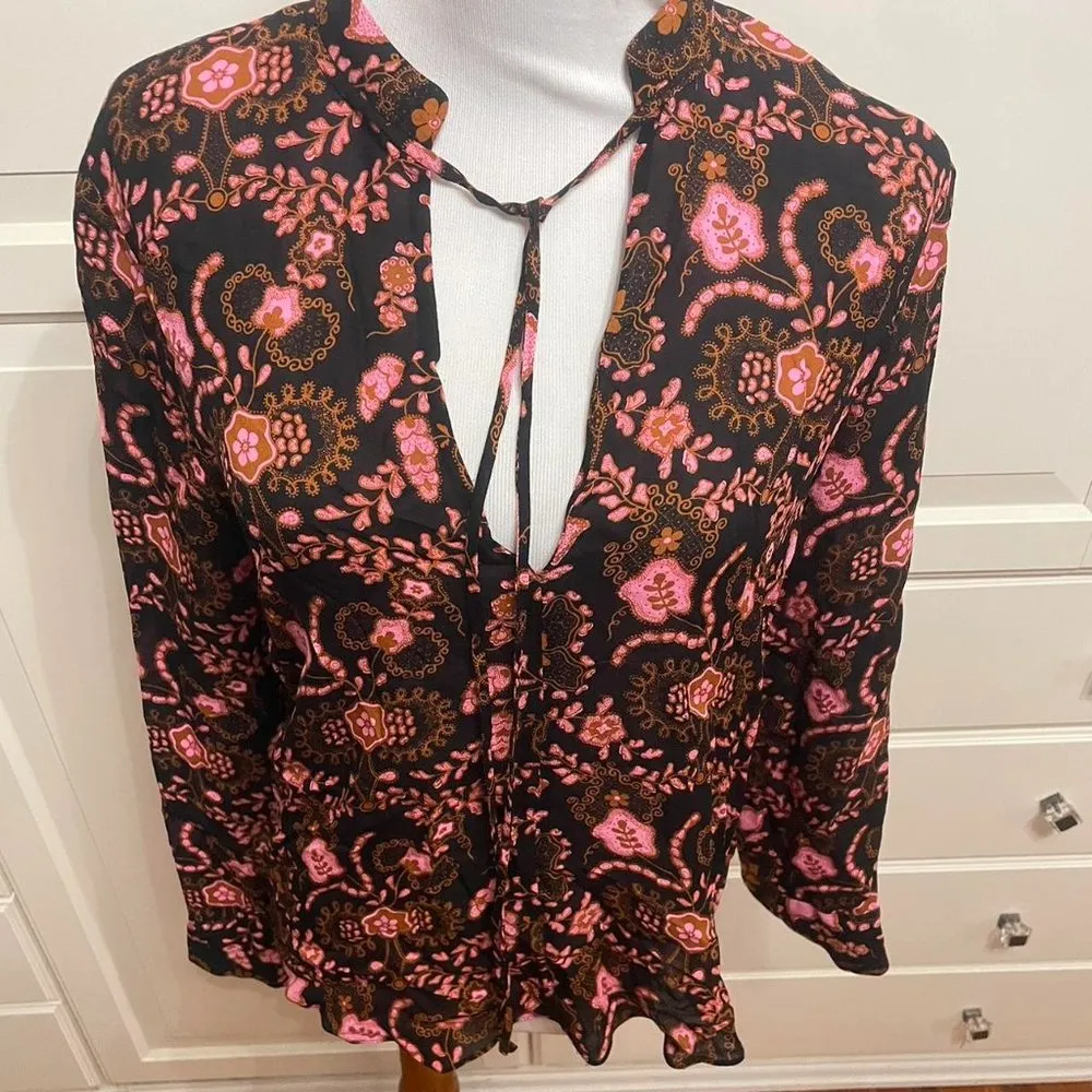 A.L.C. Sacha Long-Sleeve Floral Silk top, Henna/Black/Pink - Image 2